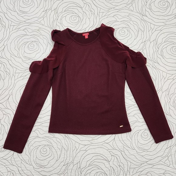 GUESS [XS] Burgundy Cold Shoulder Ruffle Long Sleeve Guess Top - Picture 1 of 11